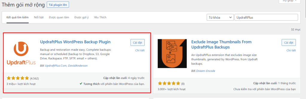 plugin UpdraftPlus để backup WordPress