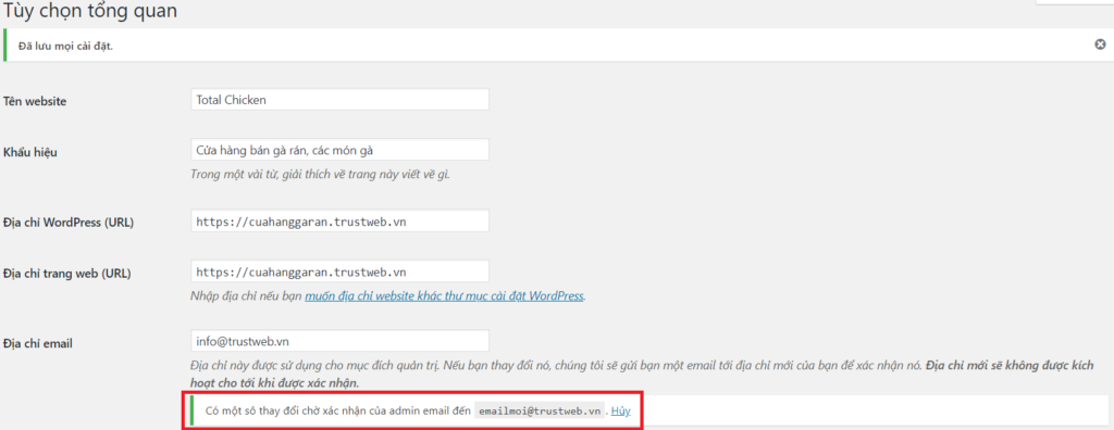 Hướng dẫn thay đổi email admin và email người dùng trong WordPress mới