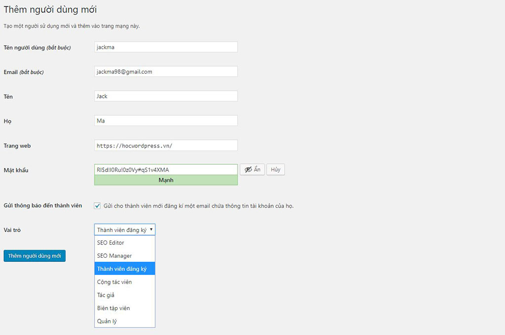 Tạo và quản lí thành viên trong wordpress